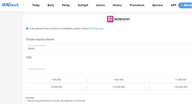 Giao diện nạp tiền 8xbet qua ví điện tử MomoPay nhanh chóng và tiện lợi