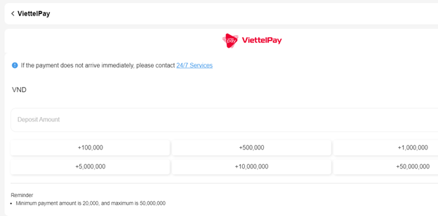 Giao diện nạp tiền vào tài khoản 8xbet bằng ViettelPay an toàn và nhanh chóng
